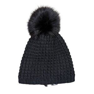 Kyi Kyi Fox Fur Pom Pom Beanie Black Waffle Knit Wool Blend Hat Made in Canada